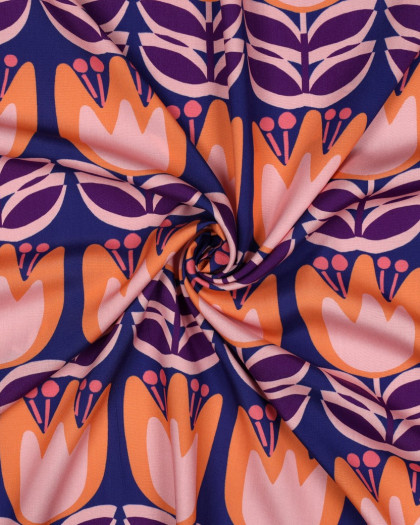 Tissu Viscose EcoVero Tulipes Fond Bleu - Mercerine