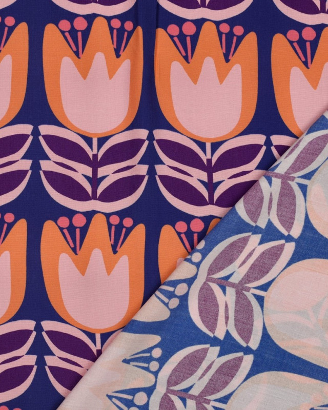 Tissu Viscose EcoVero Tulipes Fond Bleu - Mercerine