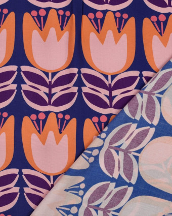 Tissu Viscose EcoVero Tulipes Fond Bleu - Mercerine