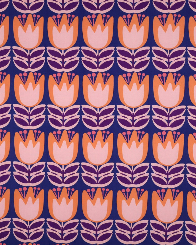 Tissu Viscose EcoVero Tulipes Fond Bleu - Mercerine