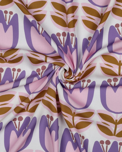 Tissu Viscose EcoVero Tulipes Lilas Fond Blanc - Mercerine