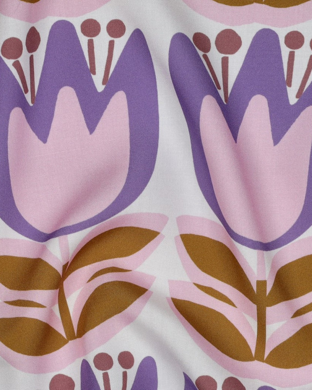 Tissu Viscose EcoVero Tulipes Lilas Fond Blanc - Mercerine