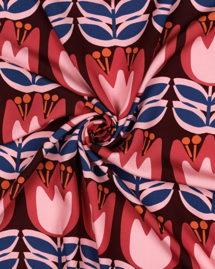 Tissu Viscose EcoVero Tulipes Fond Bordeaux - Mercerine