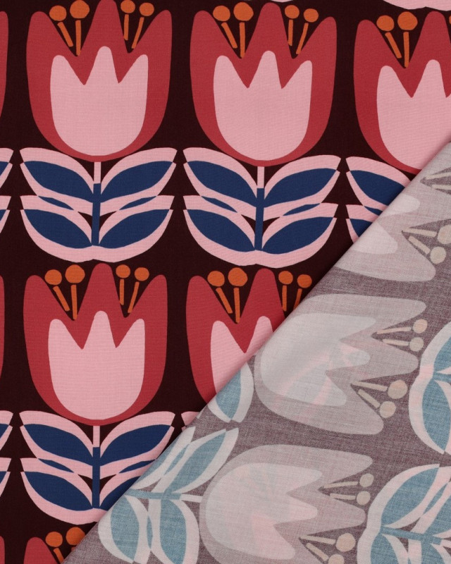 Tissu Viscose EcoVero Tulipes Fond Bordeaux - Mercerine
