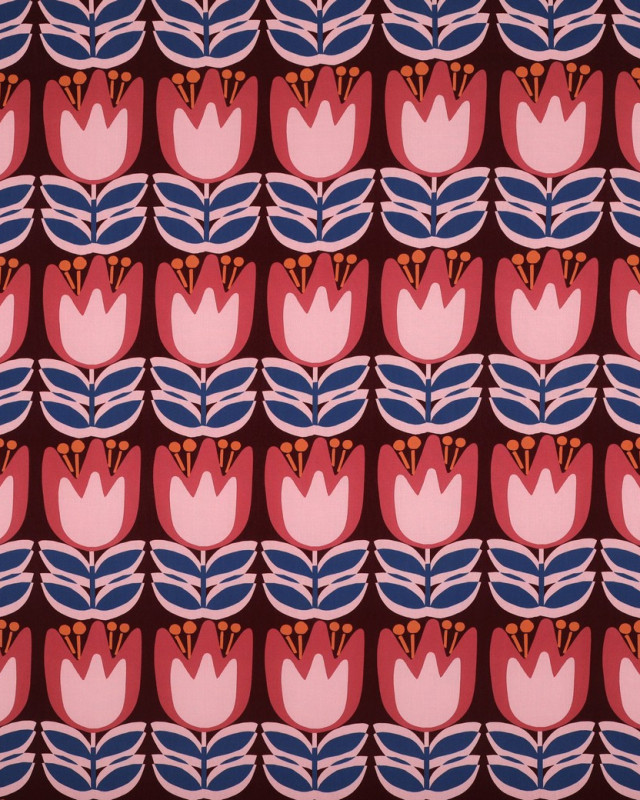 Tissu Viscose EcoVero Tulipes Fond Bordeaux - Mercerine
