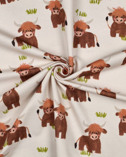 Tissu Sweat Motif Digital Taureau Fond Beige - Mercerine
