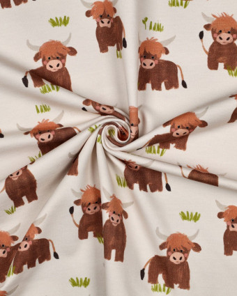 Tissu Sweat Motif Digital Taureau Fond Beige - Mercerine