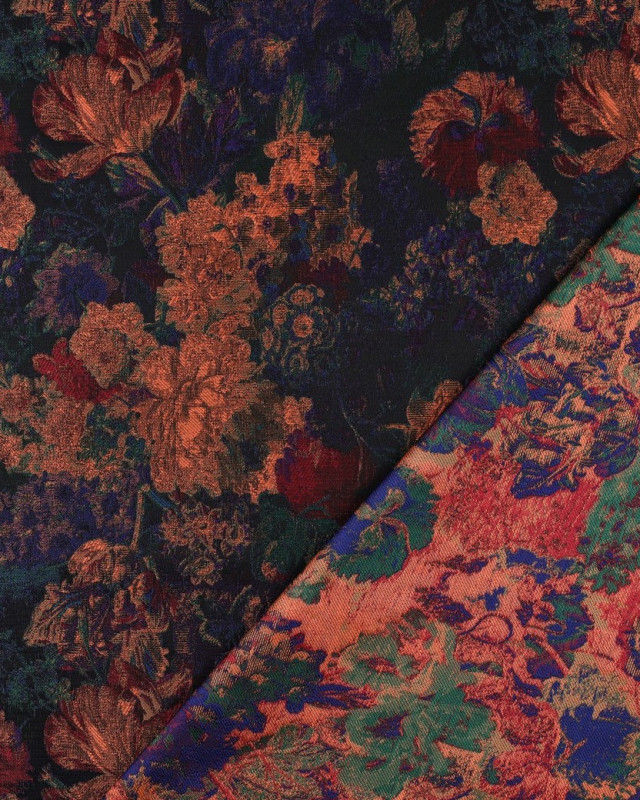 Tissu Jacquard Motif Floral Orange Prune et Bleu - Mercerine