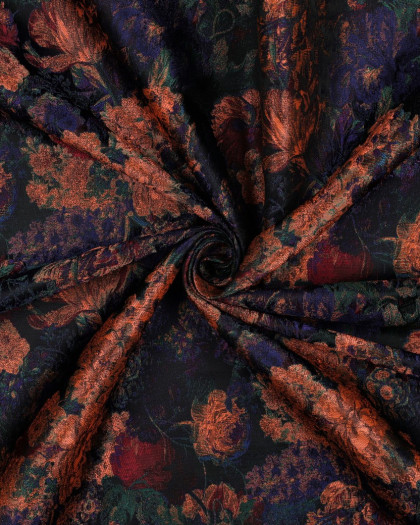 Tissu Jacquard Motif Floral Orange Prune et Bleu - Mercerine