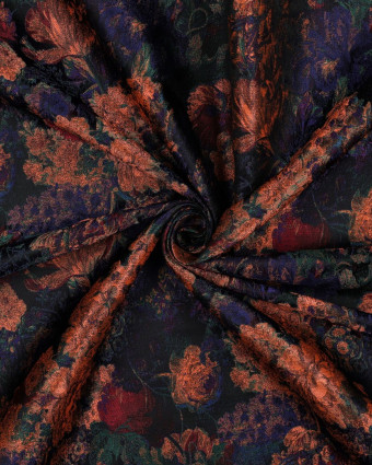 Tissu Jacquard Motif Floral Orange Prune et Bleu - Mercerine