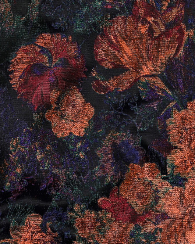 Tissu Jacquard Motif Floral Orange Prune et Bleu - Mercerine