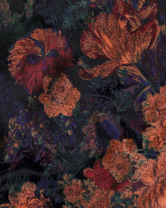Tissu Jacquard Motif Floral Orange Prune et Bleu - Mercerine