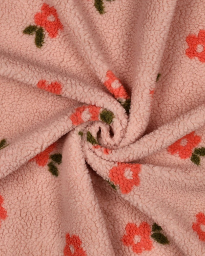 Tissu Sherpa Rose Clair Petites Fleurs Pêche - Mercerine