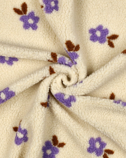 Tissu Sherpa Ecru Petites Fleurs Mauves - Mercerine