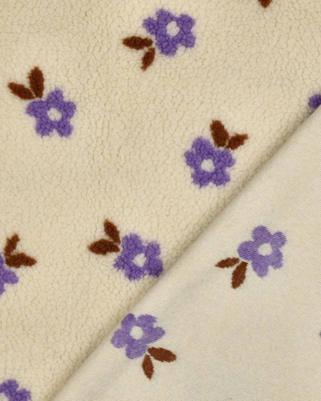 Tissu Sherpa Ecru Petites Fleurs Mauves - Mercerine