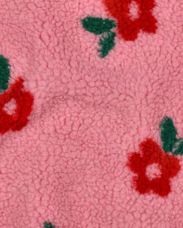 Tissu Sherpa Rose Petites Fleurs Rouges - Mercerine