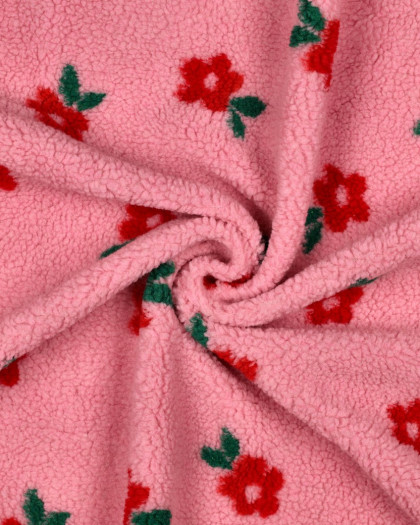 Tissu Sherpa Rose Petites Fleurs Rouges - Mercerine
