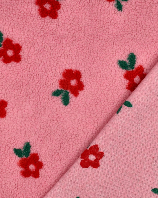 Tissu Sherpa Rose Petites Fleurs Rouges - Mercerine