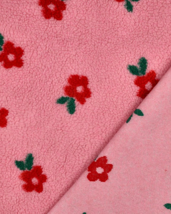 Tissu Sherpa Rose Petites Fleurs Rouges - Mercerine