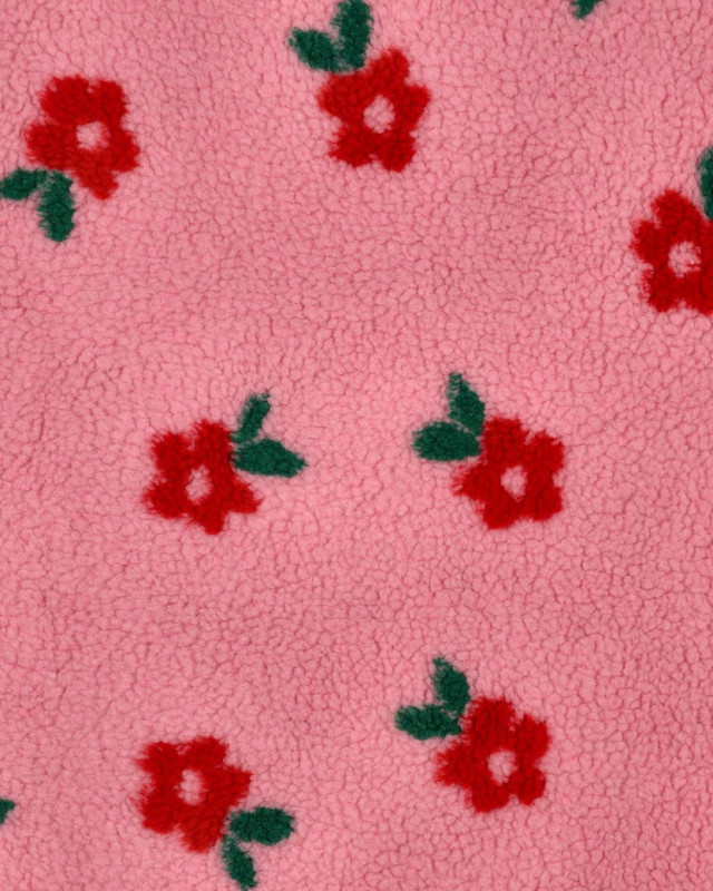 Tissu Sherpa Rose Petites Fleurs Rouges - Mercerine