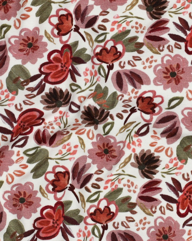 Tissu Jersey Motif Digital Fleuri Bordeaux - Mercerine