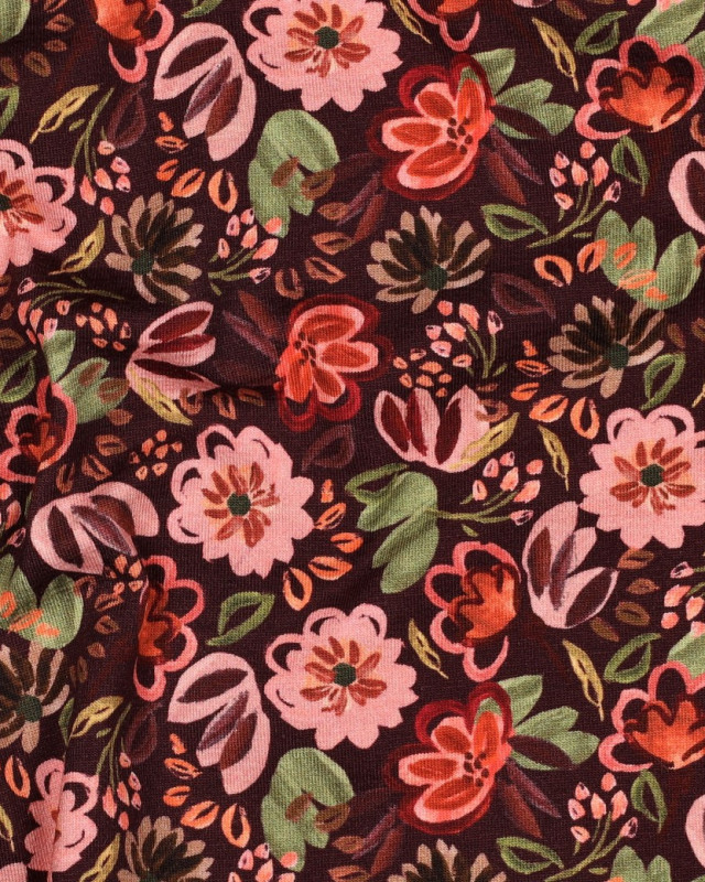 Tissu Jersey Motif Digital Fleuri Fond Bordeaux - Mercerine