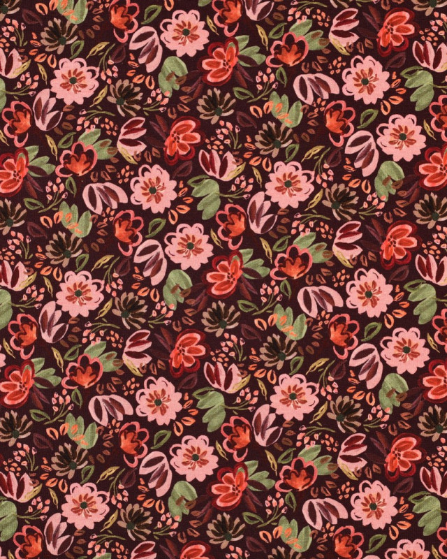 Tissu Jersey Motif Digital Fleuri Fond Bordeaux - Mercerine