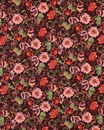 Tissu Jersey Motif Digital Fleuri Fond Bordeaux - Mercerine
