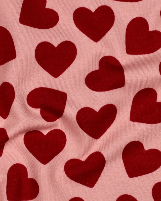 Tissu Sweat Rose Nude Petits Cœurs Rouge - Mercerine