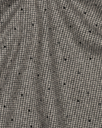 Tissu Effet Lainage Pied de Poule Gris et Strass Noir - Mercerine