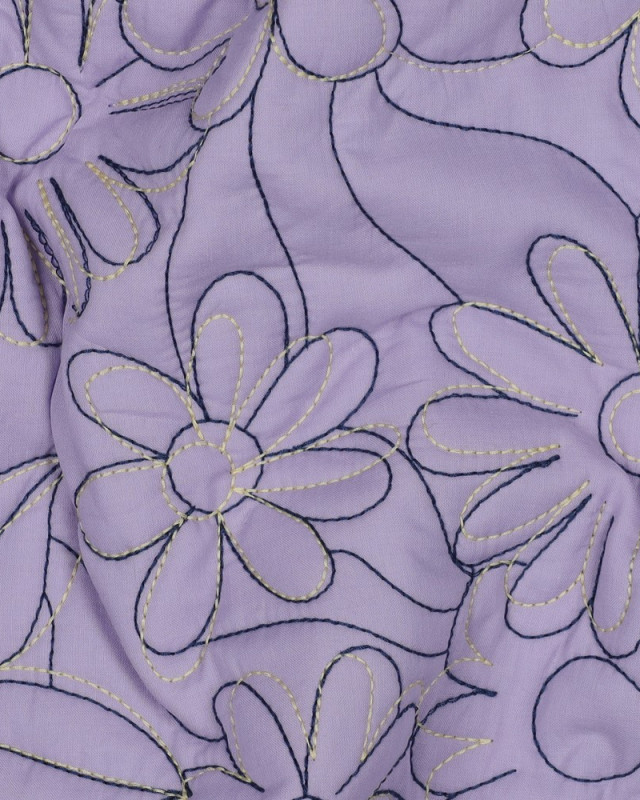 Tissu Coton Matelassé Fleurs Brodées Lilas - Mercerine