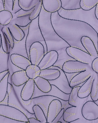 Tissu Coton Matelassé Fleurs Brodées Lilas - Mercerine
