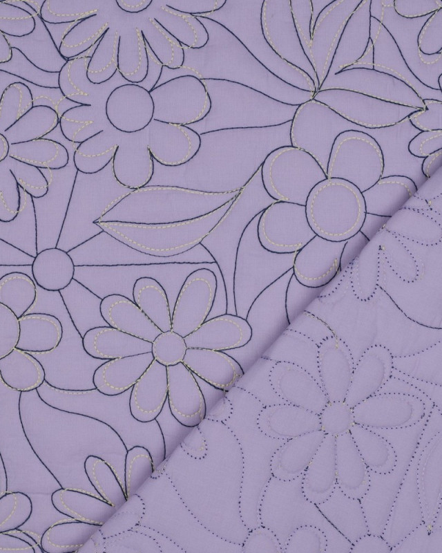 Tissu Coton Matelassé Fleurs Brodées Lilas - Mercerine