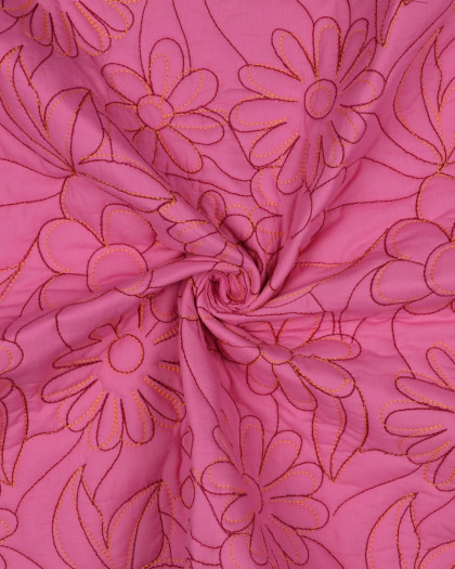 Tissu Coton Matelassé  Fleurs Bordée Rose - Mercerine