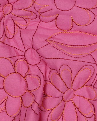 Tissu Coton Matelassé Fleurs Brodées Rose - Mercerine
