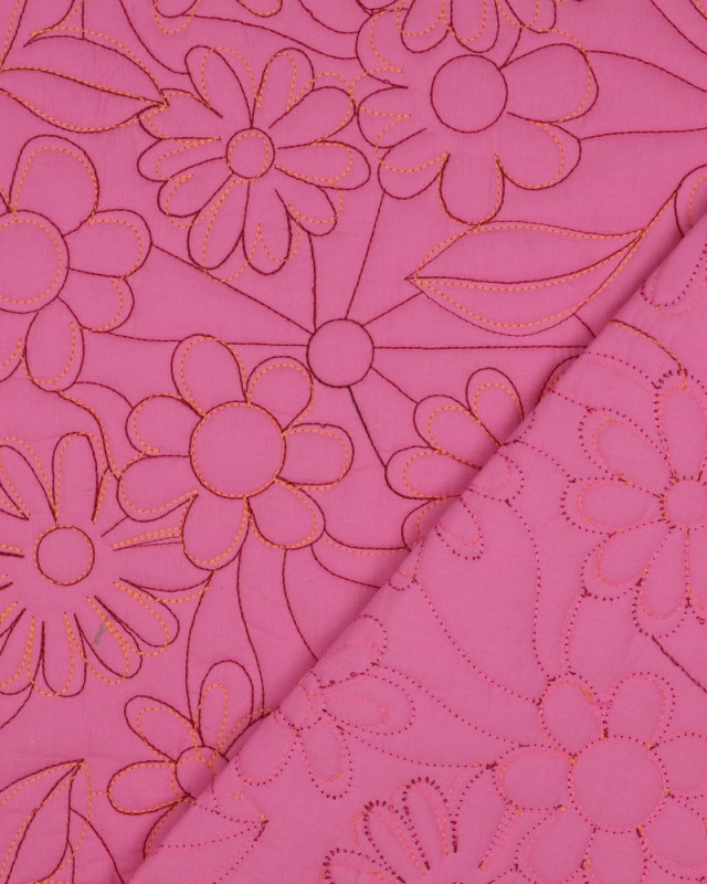 Tissu Coton Matelassé Fleurs Brodées Rose - Mercerine