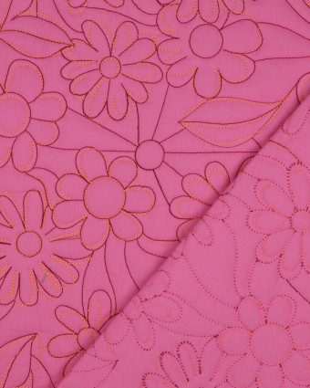Tissu Coton Matelassé  Fleurs Bordée Rose - Mercerine