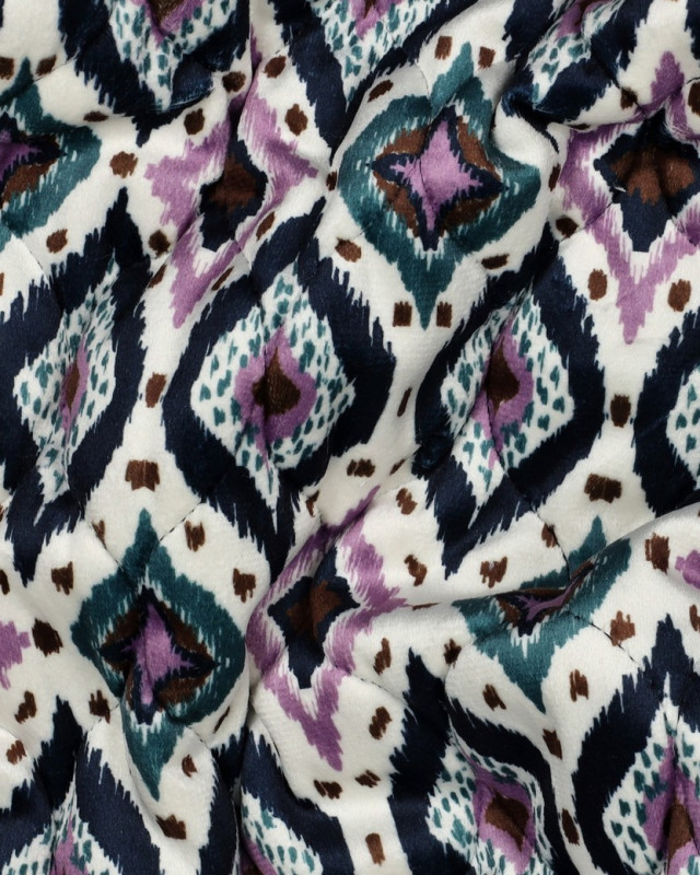 Matelassé Velours Motif Etrhnique Bleu Marine et Mauve - Mercerine
