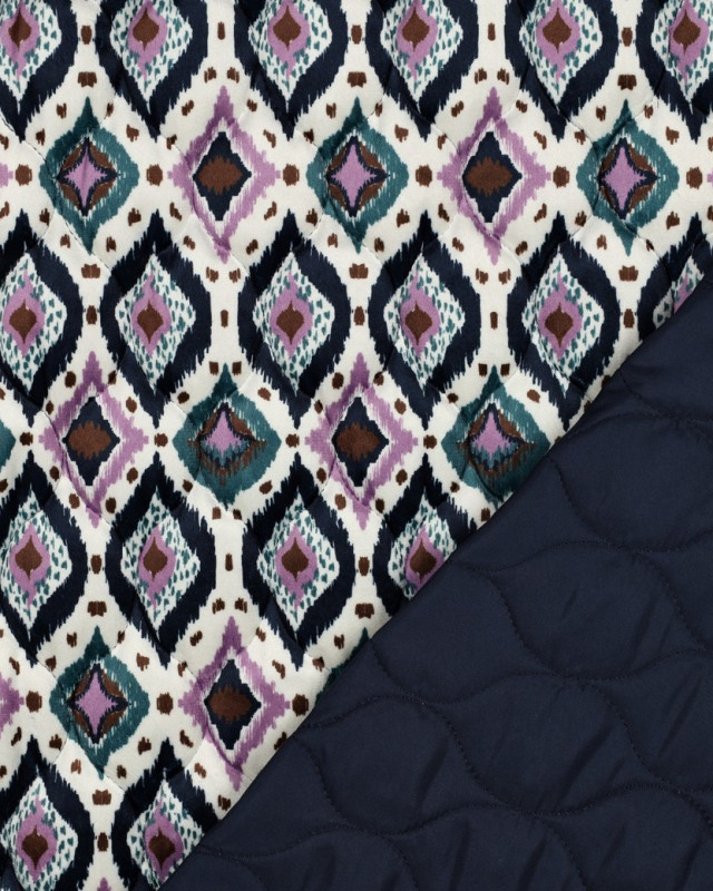 Matelassé Velours Motif Etrhnique Bleu Marine et Mauve - Mercerine