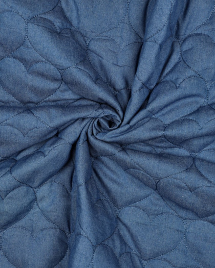 Tissu Matelassé Chambray Bleu Jean Cœurs Brodés - Mercerine
