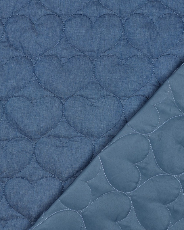 Tissu Matelassé Chambray Bleu Jean Cœurs Brodés - Mercerine