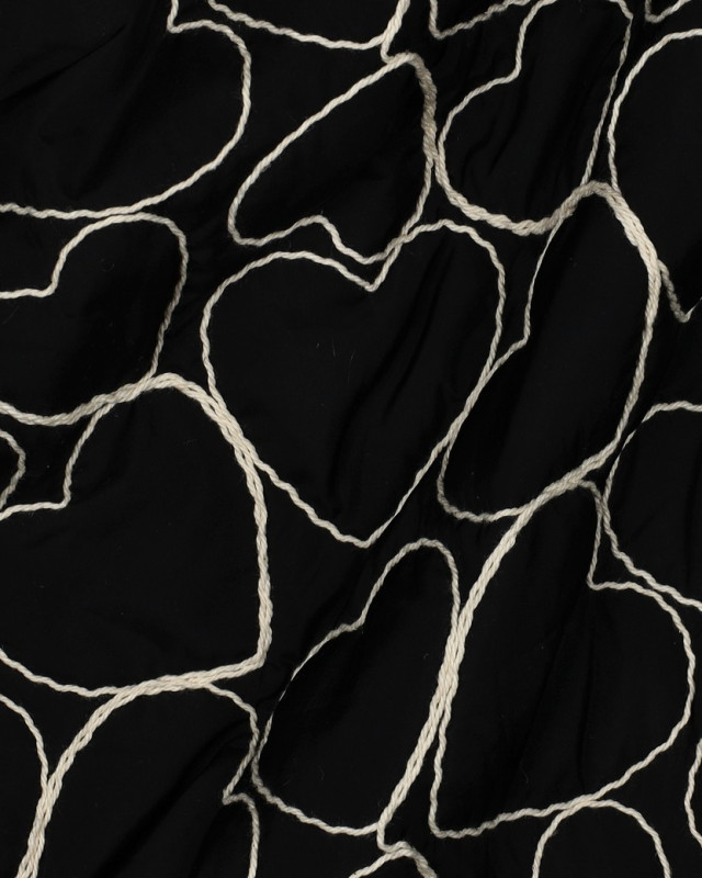 Tissu Doudou Noir Cœurs Brodés  - Mercerine