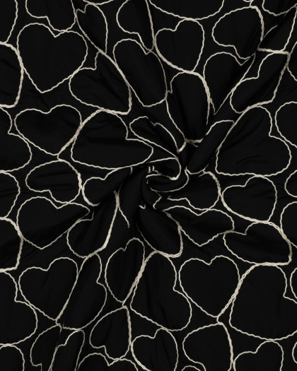 Tissu Doudou Noir Cœurs Brodés - Mercerine