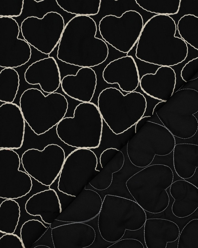 Tissu Doudou Noir Cœurs Brodés  - Mercerine