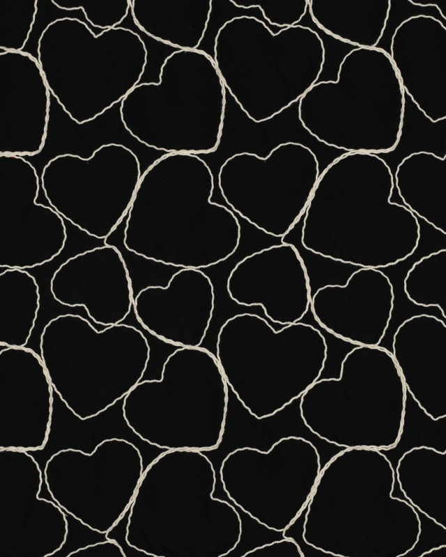 Tissu Doudou Noir Cœurs Brodés  - Mercerine
