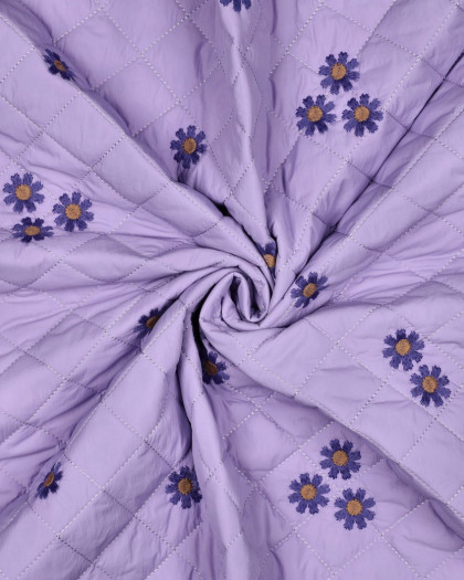Tissu Matelassé Doudoune Lilas Marguerites Brodées - Mercerine