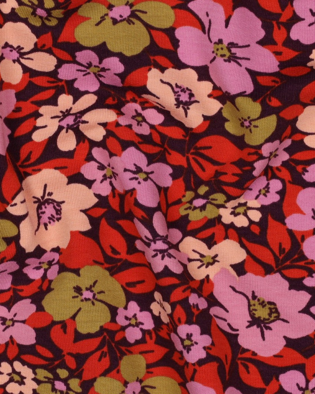 Tissu Jersey French Terry Fleuri Fond Prune - Mercerine