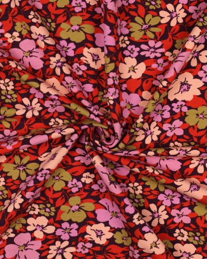 Tissu Jersey French Terry Fleuri Fond Prune - Mercerine