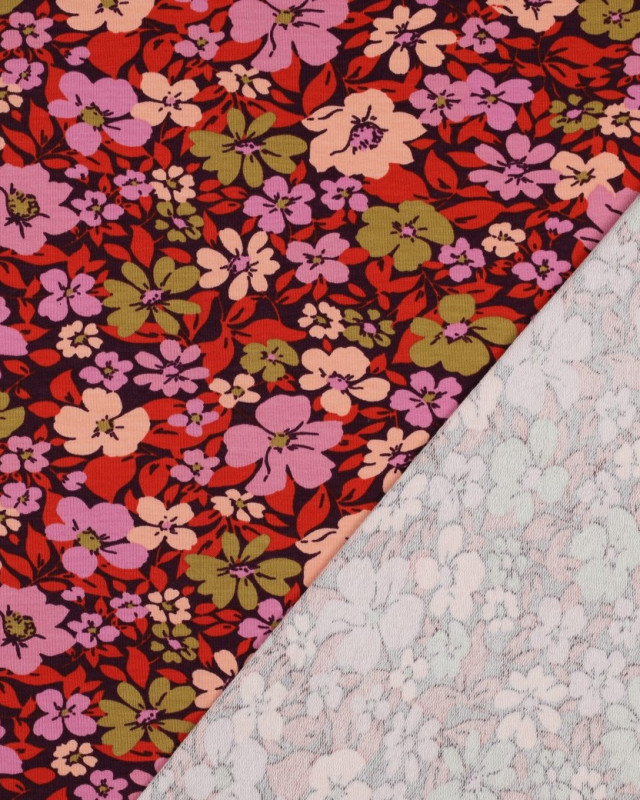 Tissu Jersey French Terry Fleuri Fond Prune - Mercerine