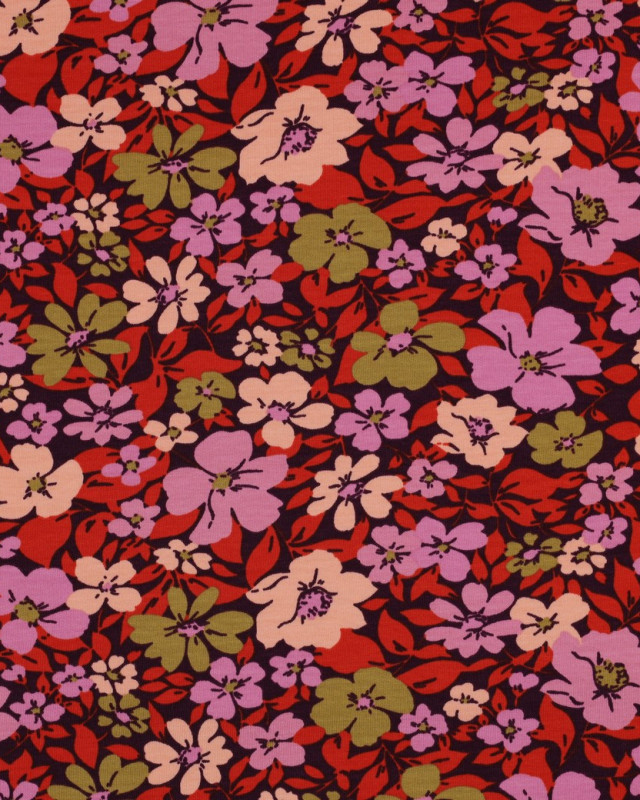 Tissu Jersey French Terry Fleuri Fond Prune - Mercerine